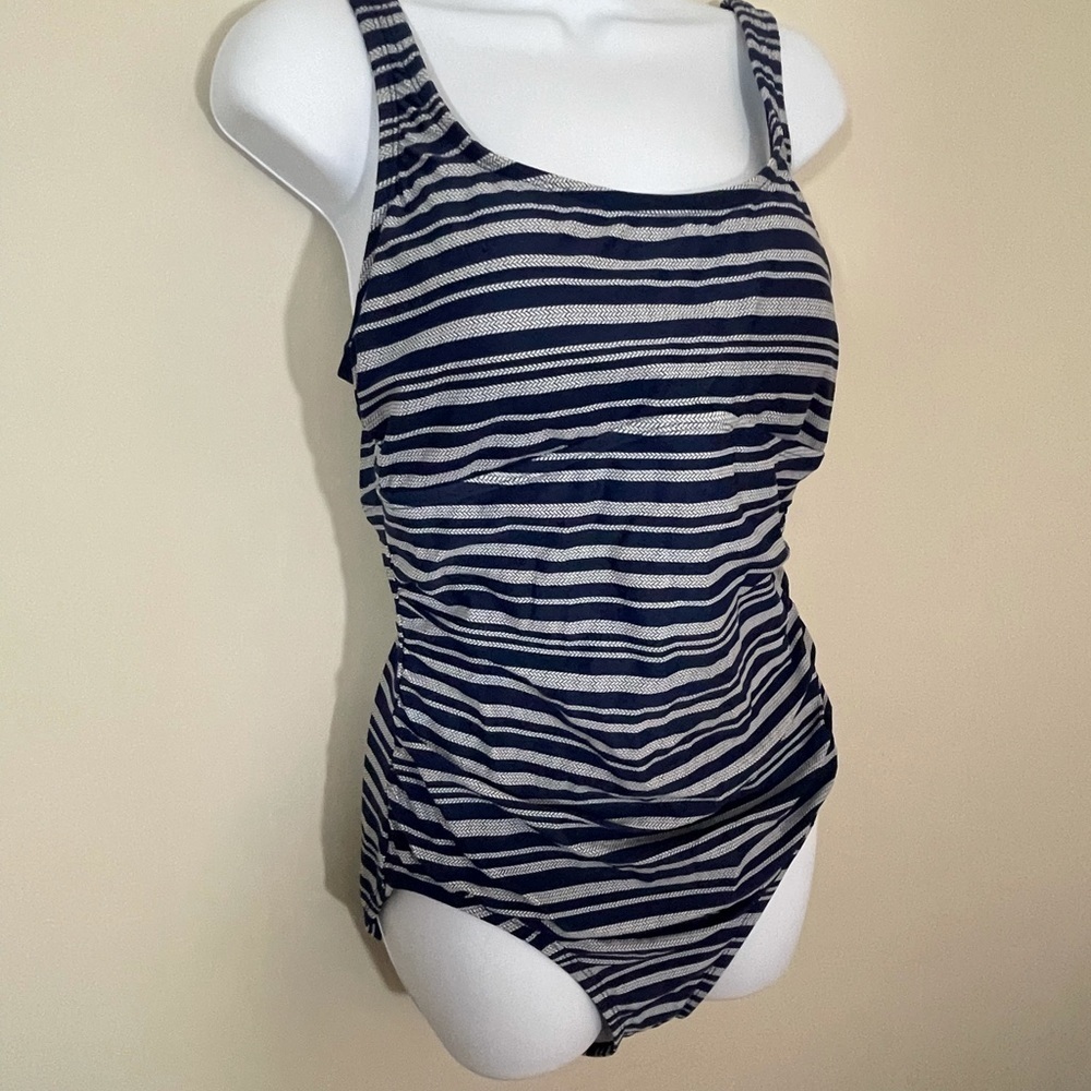 Merona sz lg navy stripe swimsuit stretchy cord - Picture 2 of 8